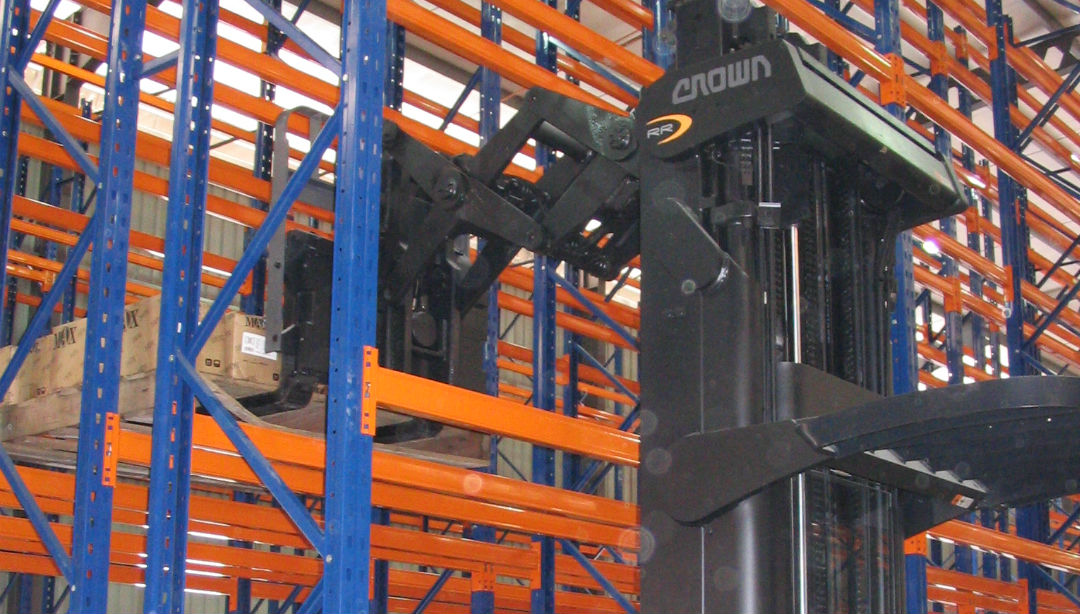 Image of Pantographic Reach Truck shows that the special reach truck is design to access two deep. 