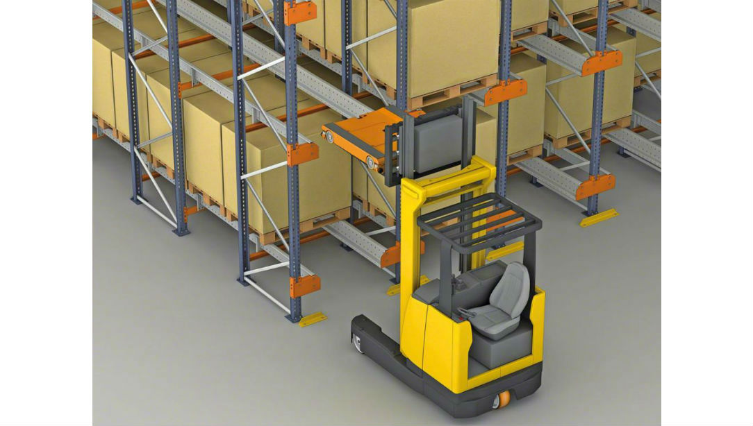 Illustration of a forklift placing Nutech shuttle car on the shuttle rack level where work needs to be done. 